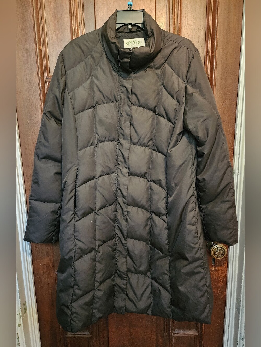 Orvis Black Chevron Quilted Duck Down Puffer Parka Coat - Size Large